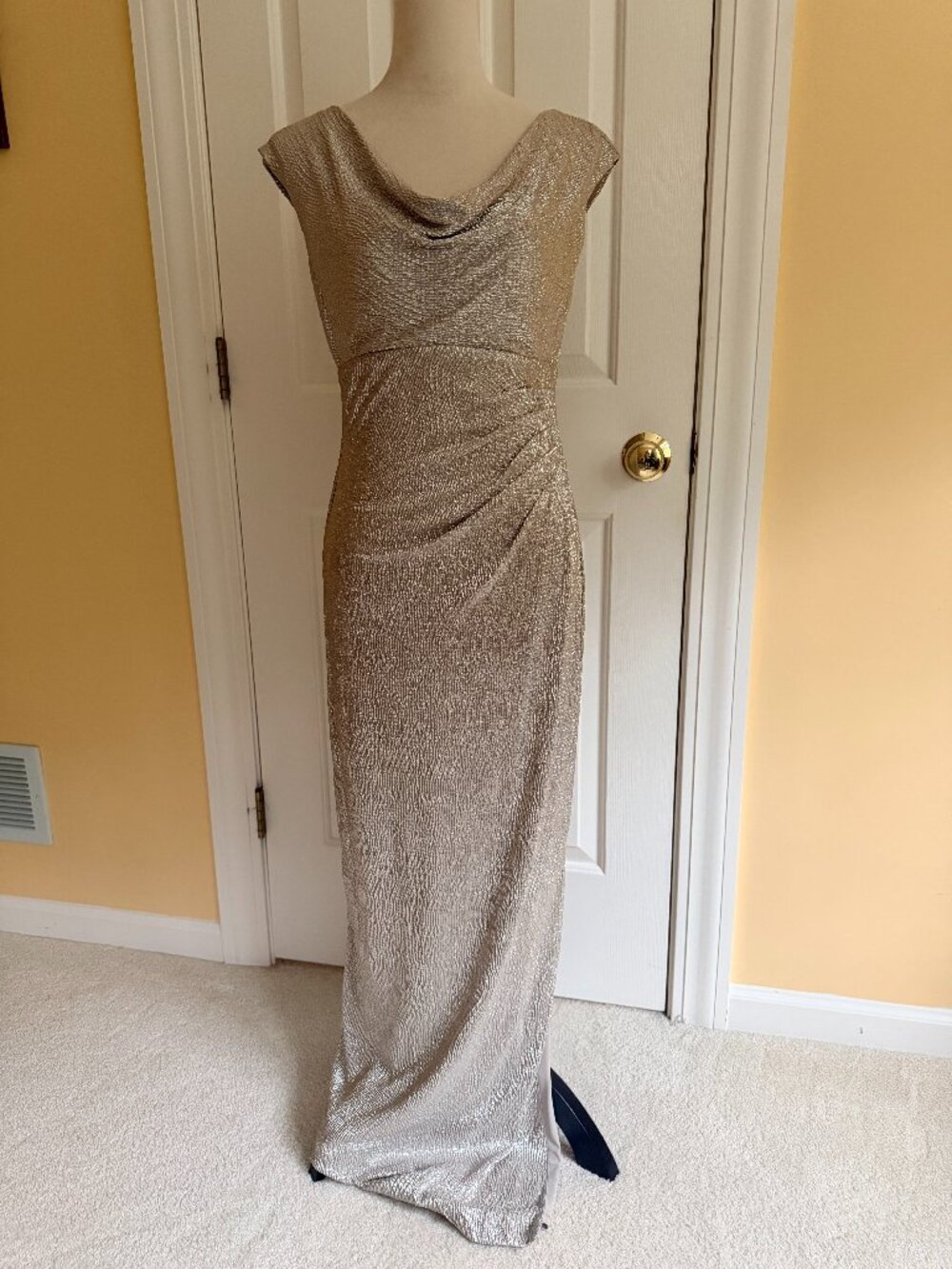 RALPH LAUREN silver shimmer draped neck ruched waist capped sleeve dress sz 4